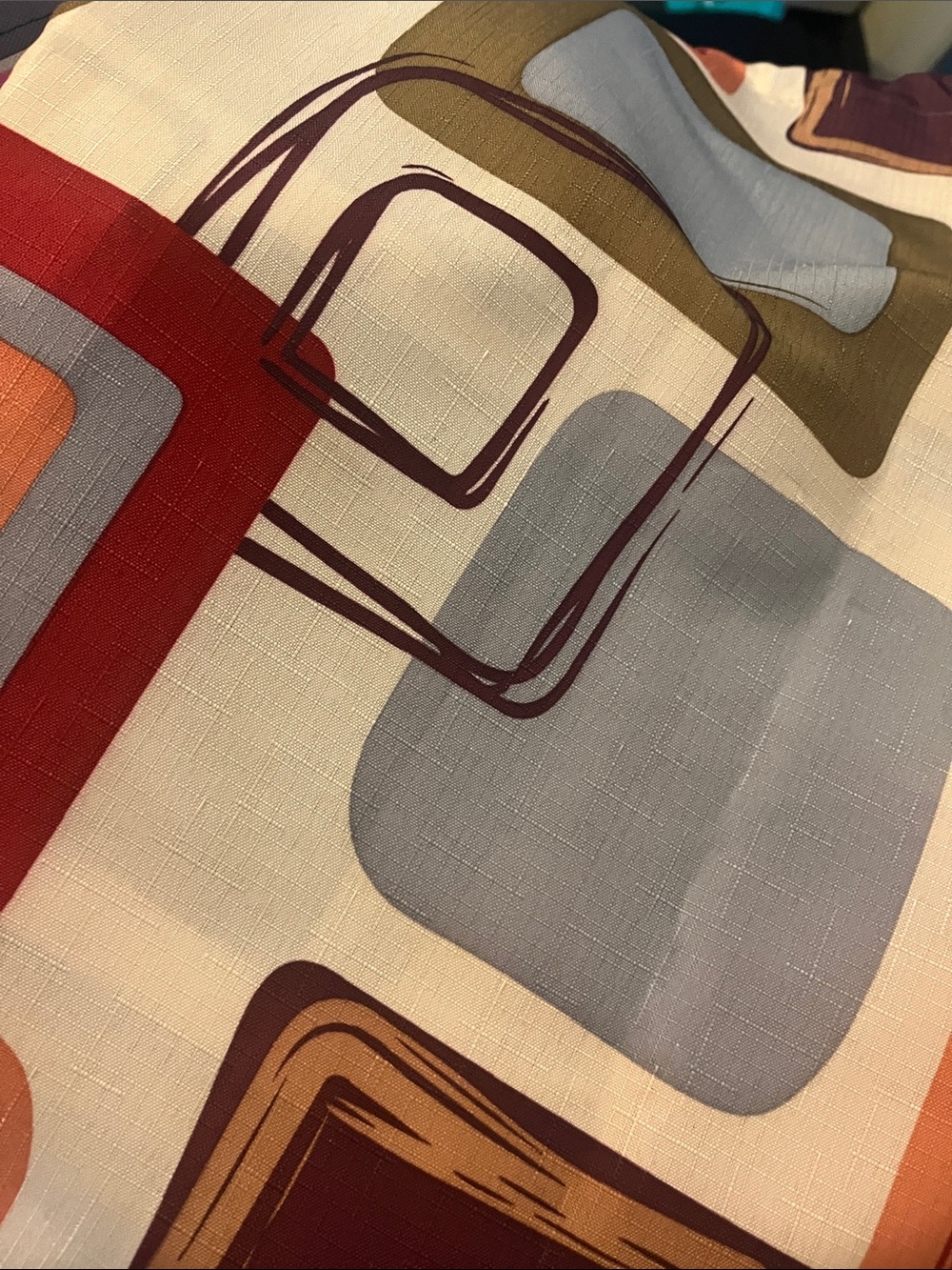 Pair of Modern Geometric Curtain Panels in Red, Gray, Tan Valance